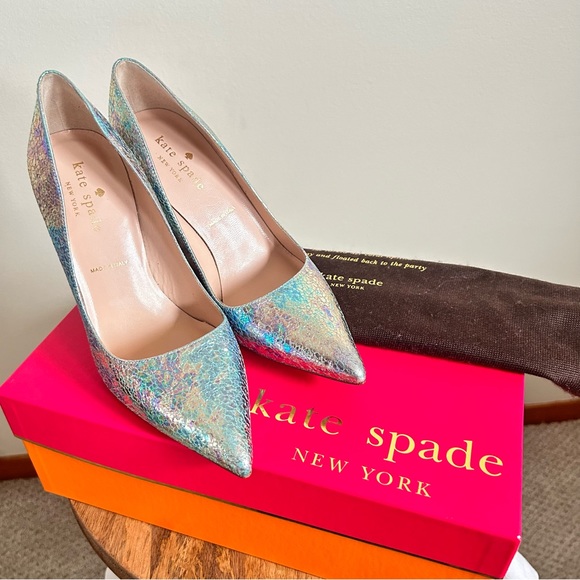 Kate Spade NWOB Larissa Blue Swirl Iridescent Crackle Genuine Leather 4”Heels 5M - Picture 13 of 15